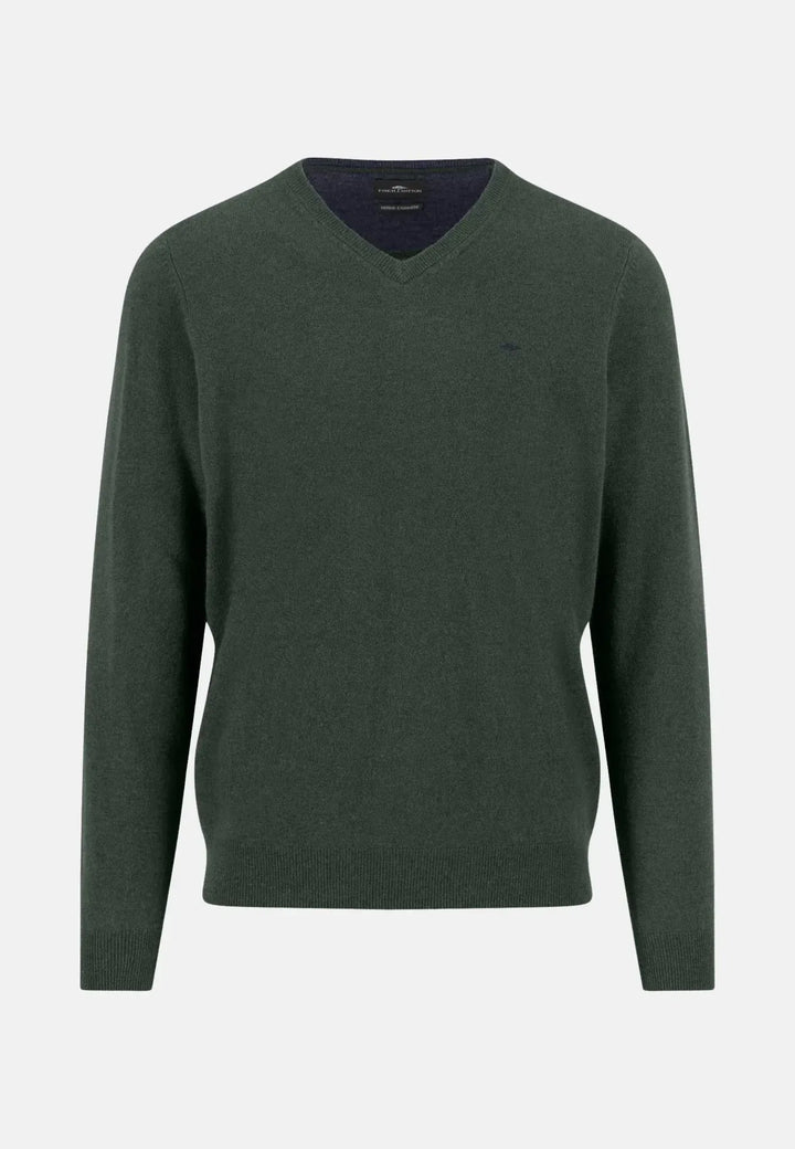 fynch-hatton-Merino Wool Cashmere V-Neck Knit Dark Ivy