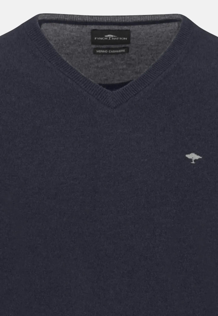 fynch-hatton-Merino Wool Cashmere V-Neck Knit Navy