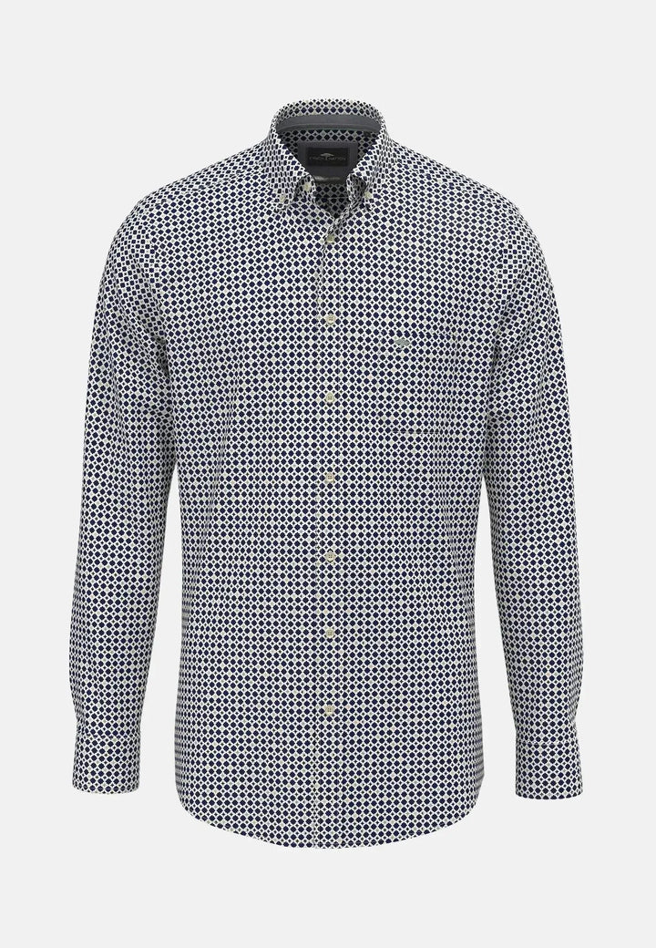 fynch-hatton-Poplin Print Button Down Shirt Misty Blue