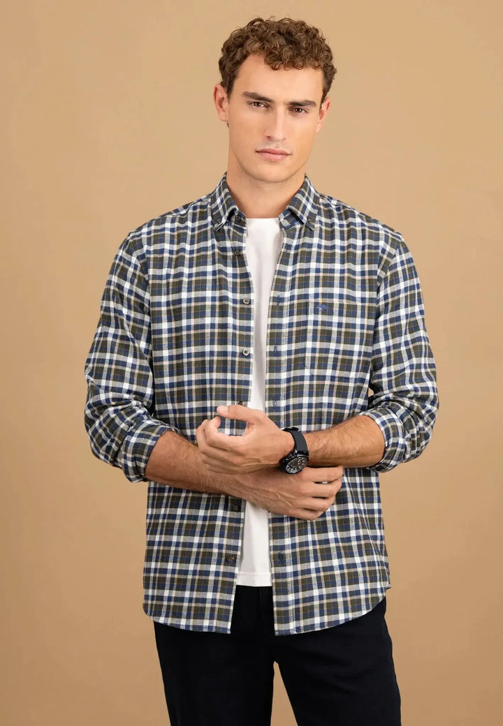 fynch-hatton-Premium Flannel Check Button Down Shirt Dark Ivy