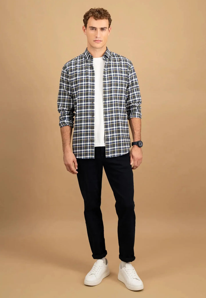 fynch-hatton-Premium Flannel Check Button Down Shirt Dark Ivy