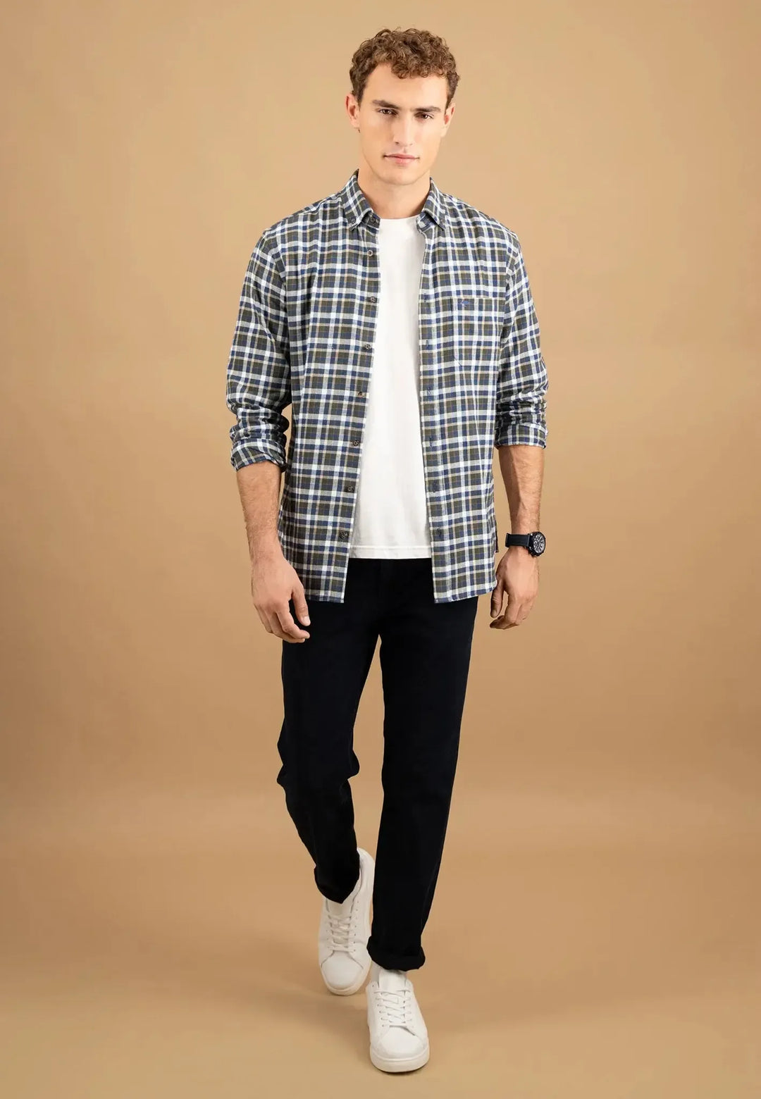 fynch-hatton-Premium Flannel Check Button Down Shirt Dark Ivy