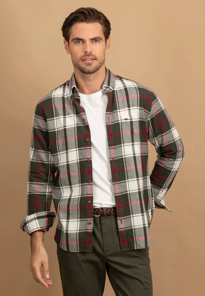 fynch-hatton-Premium Flannel Large Check Button Down Shirt Dark Ivy