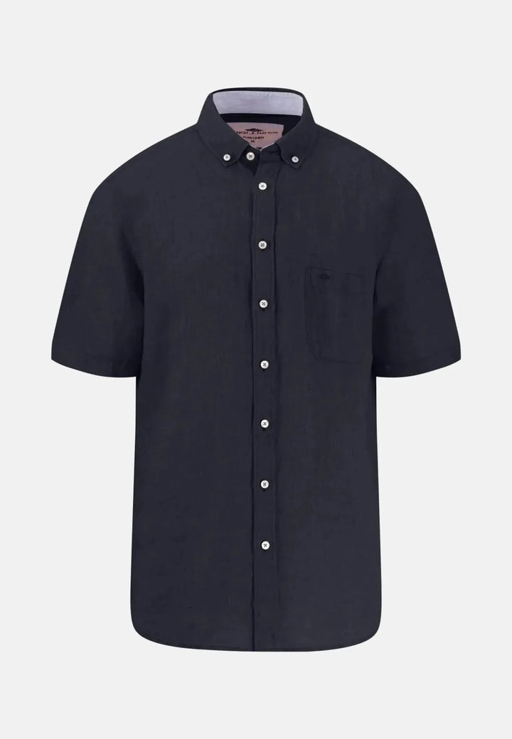 fynch-hatton-Premium Linen Button Down Short Sleeved Shirt Navy