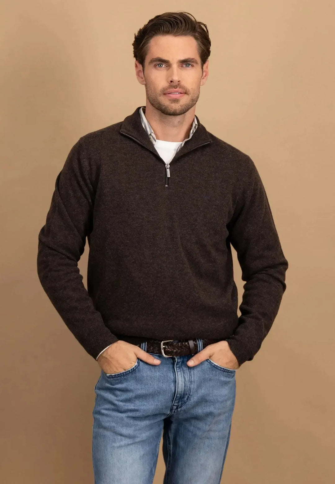 fynch-hatton-Pure Lambswool 1/4 Zip Knit Dark Chocolate