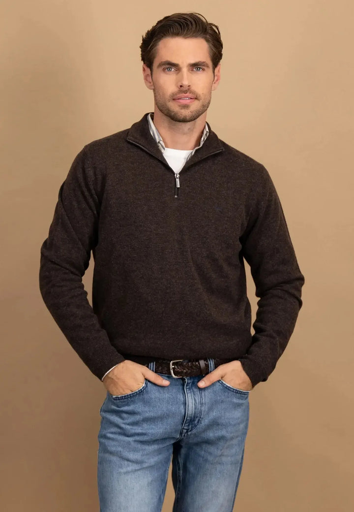fynch-hatton-Pure Lambswool 1/4 Zip Knit Dark Chocolate
