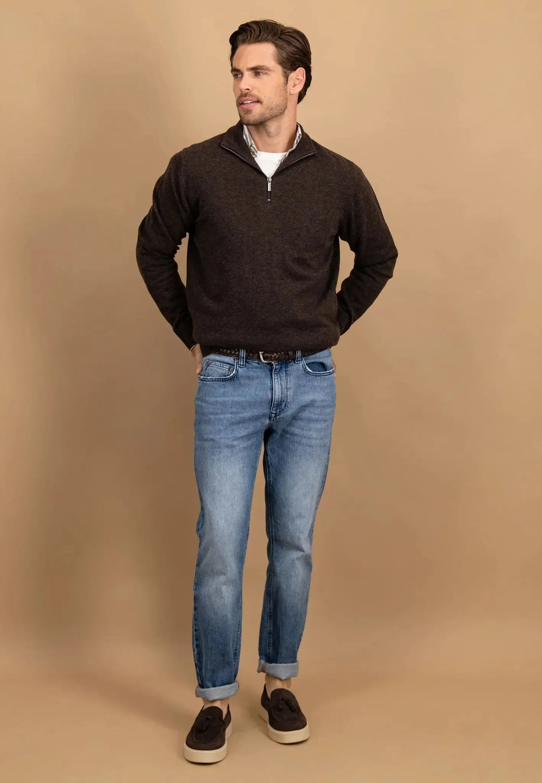 fynch-hatton-Pure Lambswool 1/4 Zip Knit Dark Chocolate