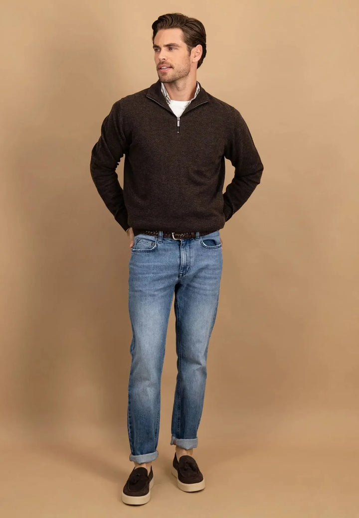 fynch-hatton-Pure Lambswool 1/4 Zip Knit Dark Chocolate