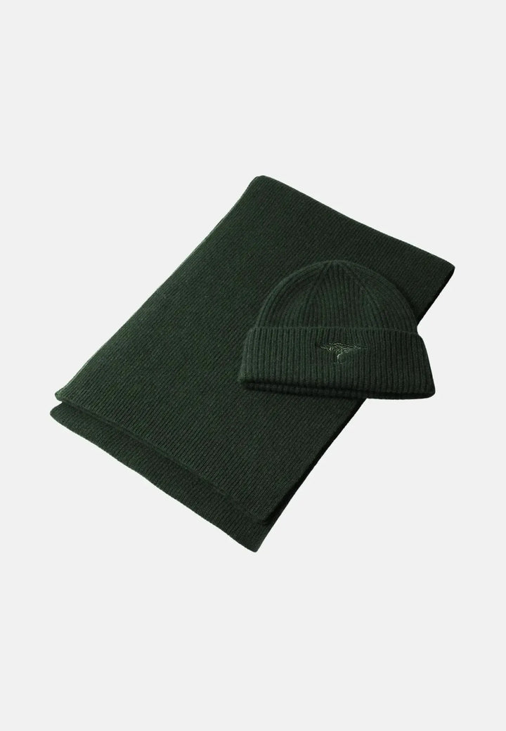 fynch-hatton-Pure Wool Beanie & Scarf Set Dark Leaf