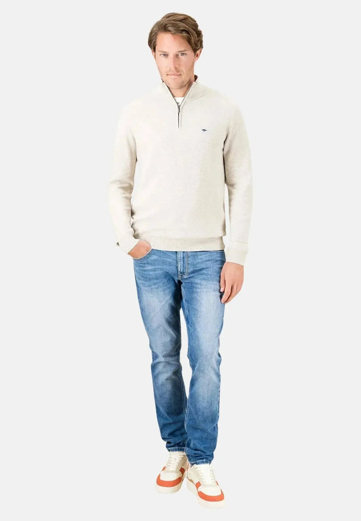 fynch-hatton-Stand Collar 1/4 Zip Cotton Knit Antique White