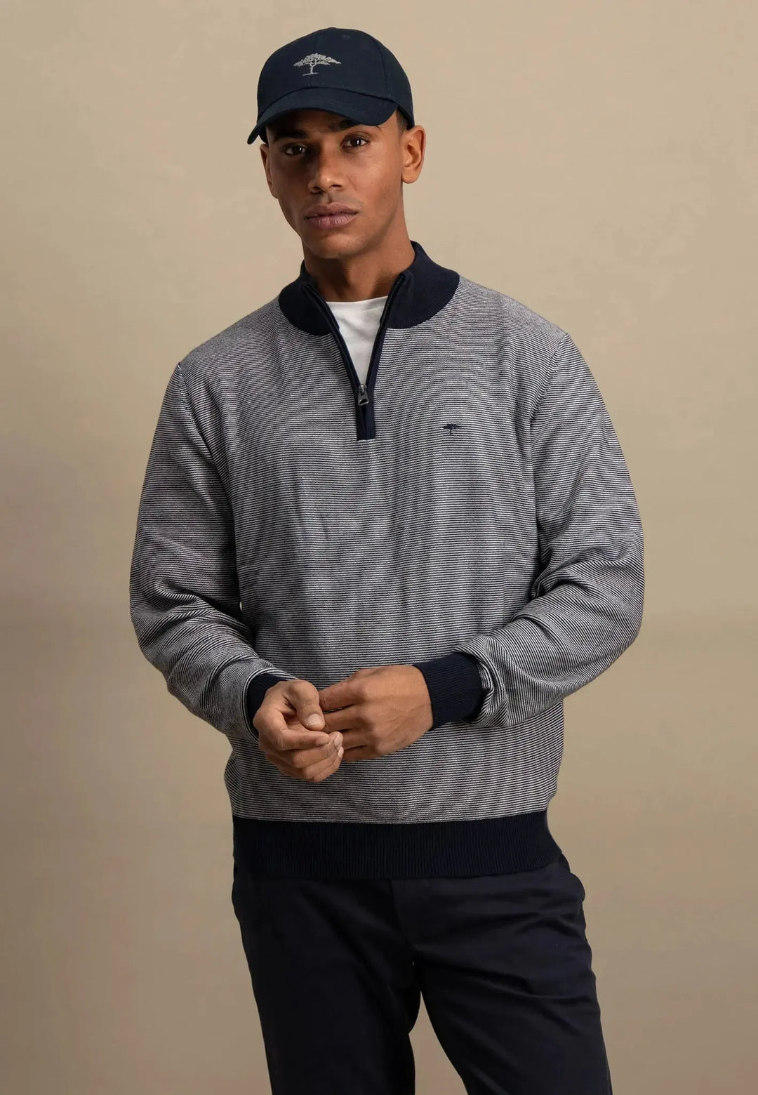 fynch-hatton-Stand Collar 1/4 Zip Striped Sweat Navy