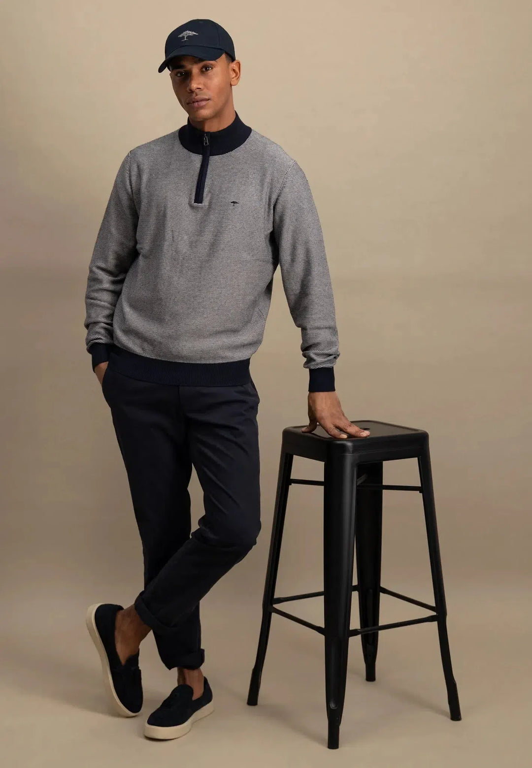 fynch-hatton-Stand Collar 1/4 Zip Striped Sweat Navy