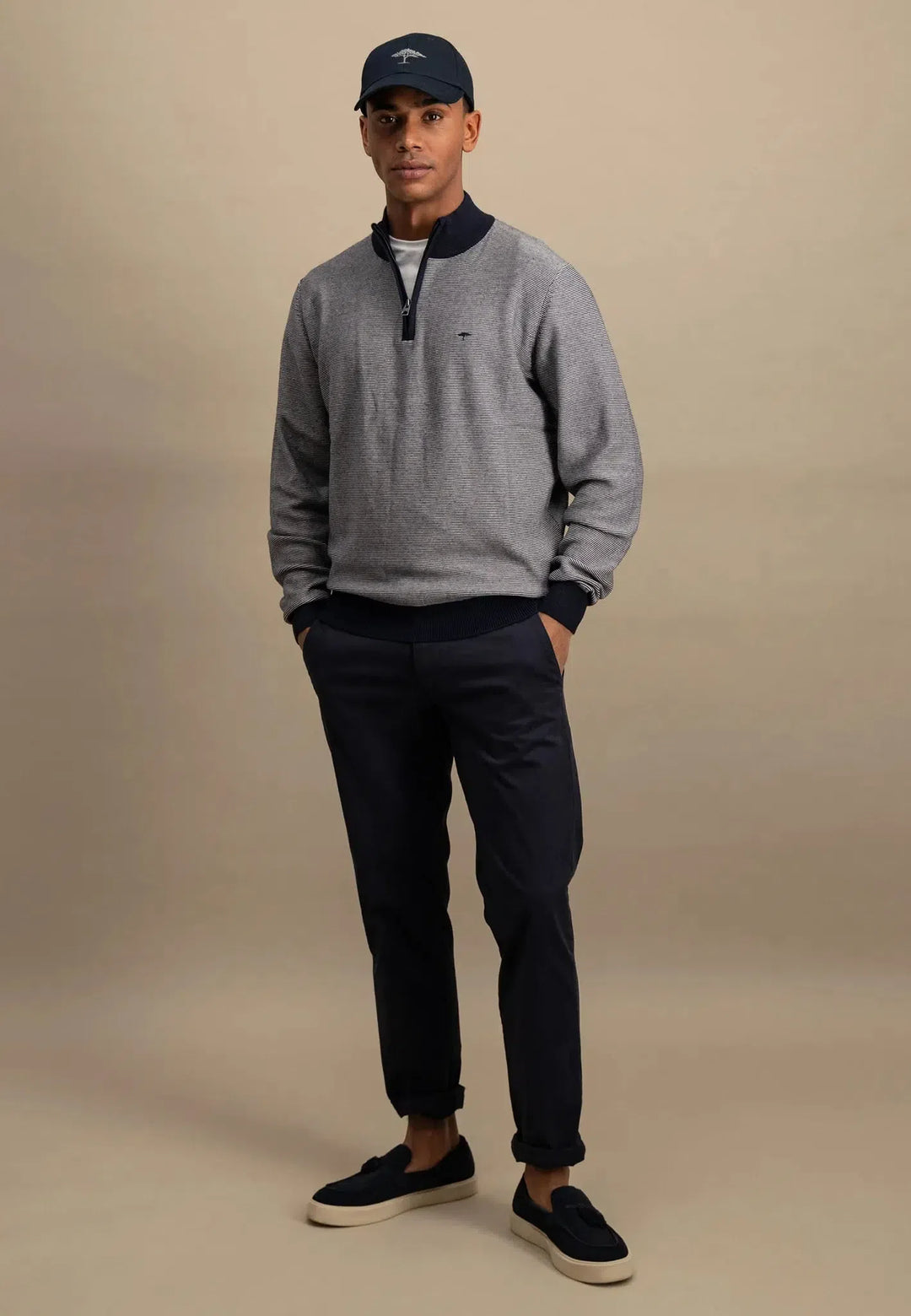 fynch-hatton-Stand Collar 1/4 Zip Striped Sweat Navy