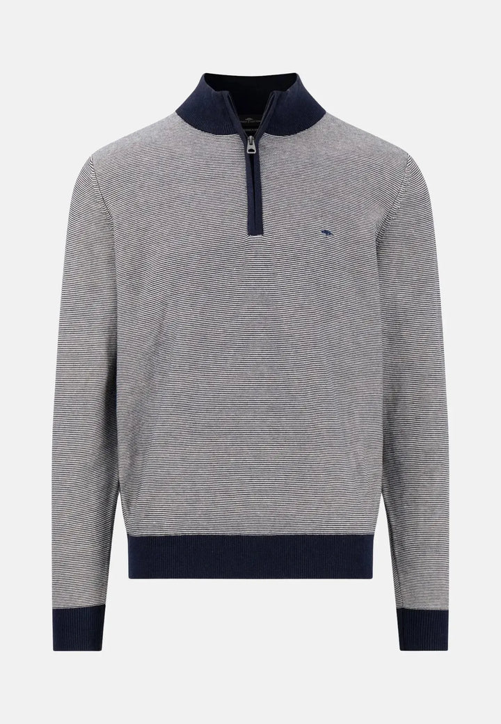 fynch-hatton-Stand Collar 1/4 Zip Striped Sweat Navy