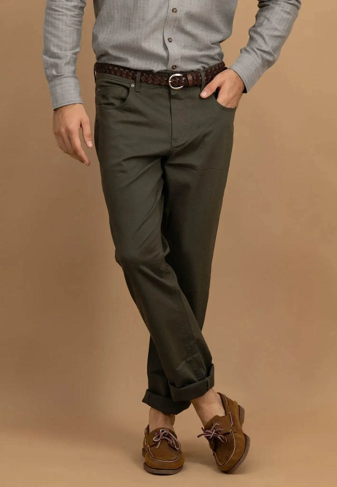 fynch-hatton-Stretch Cotton Straight Leg Chinos Dusty Forest