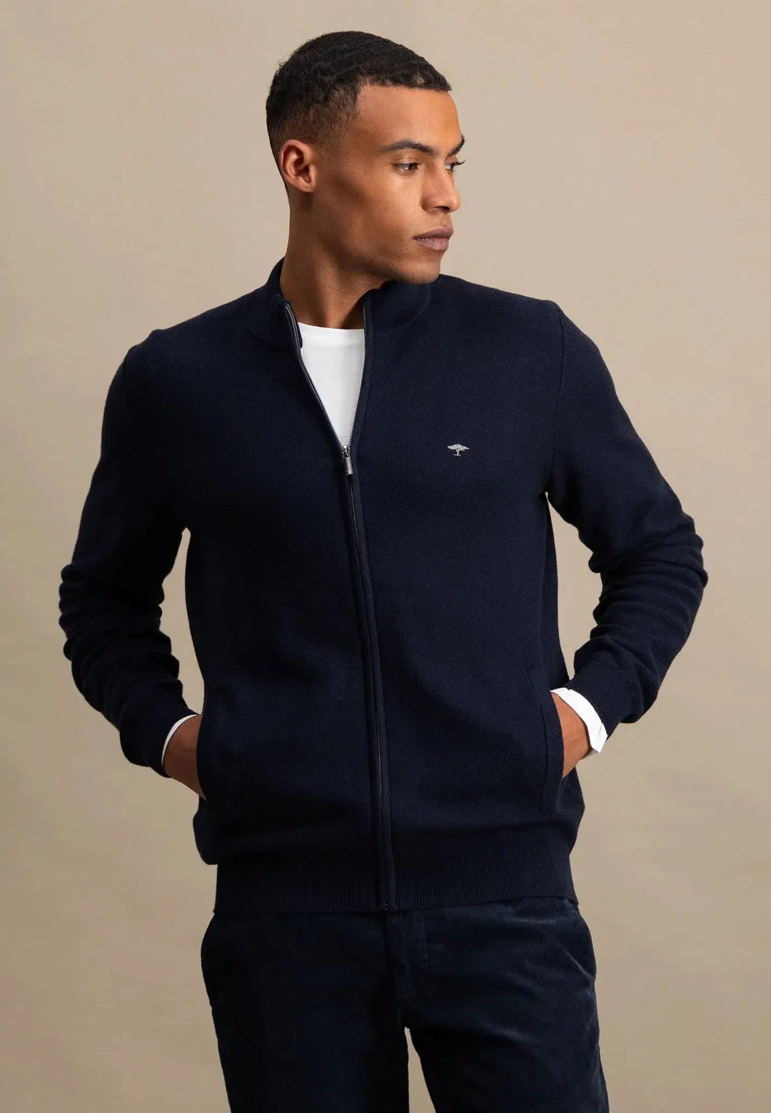 fynch-hatton-Structured Full Zip Cotton Knit Navy