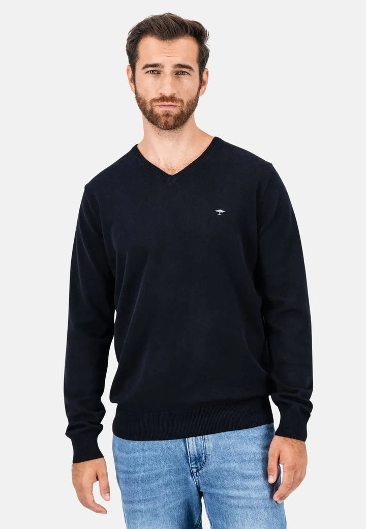 fynch-hatton-Superfine V-Neck Cotton Knit Black