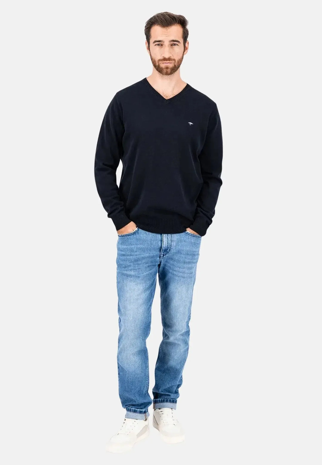 fynch-hatton-Superfine V-Neck Cotton Knit Black