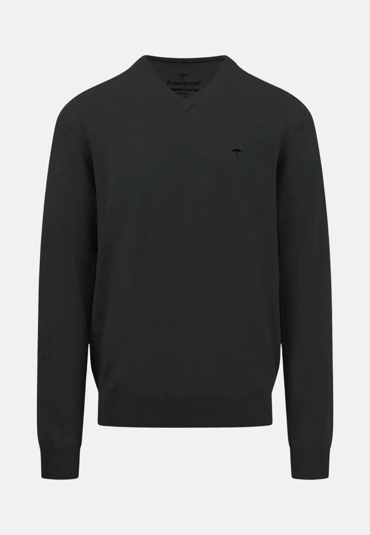 fynch-hatton-Superfine V-Neck Cotton Knit Black