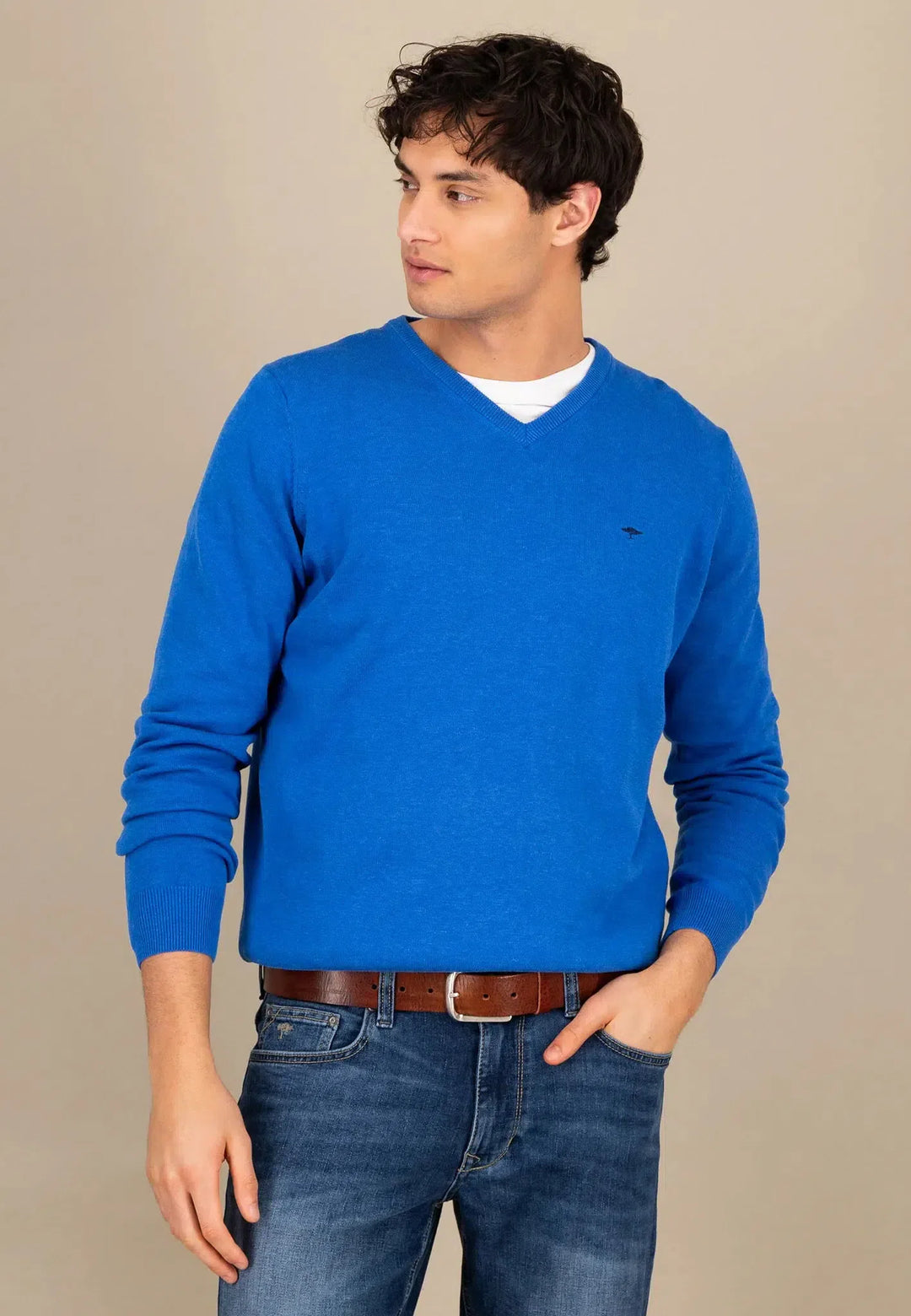 fynch-hatton-Superfine V-Neck Cotton Knit Strong Blue