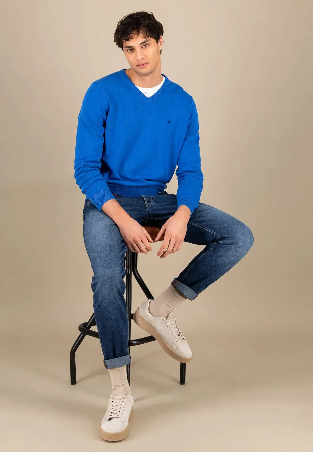 fynch-hatton-Superfine V-Neck Cotton Knit Strong Blue