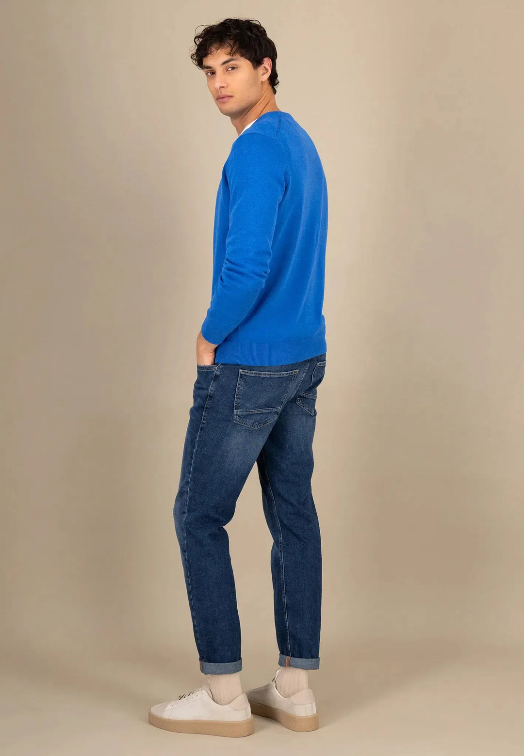 fynch-hatton-Superfine V-Neck Cotton Knit Strong Blue