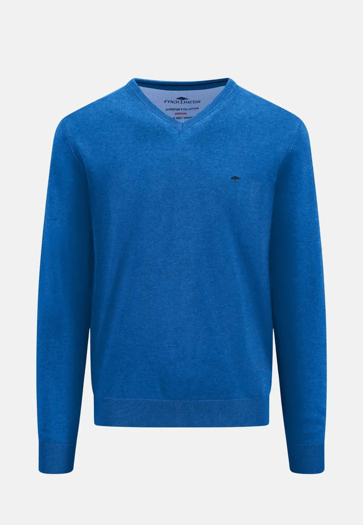 fynch-hatton-Superfine V-Neck Cotton Knit Strong Blue
