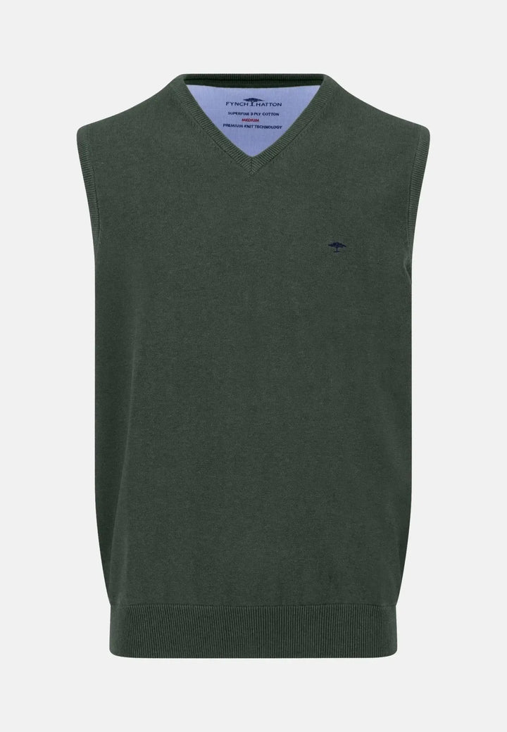 fynch-hatton-Superfine V-Neck Cotton Knit Vest Dark Ivy
