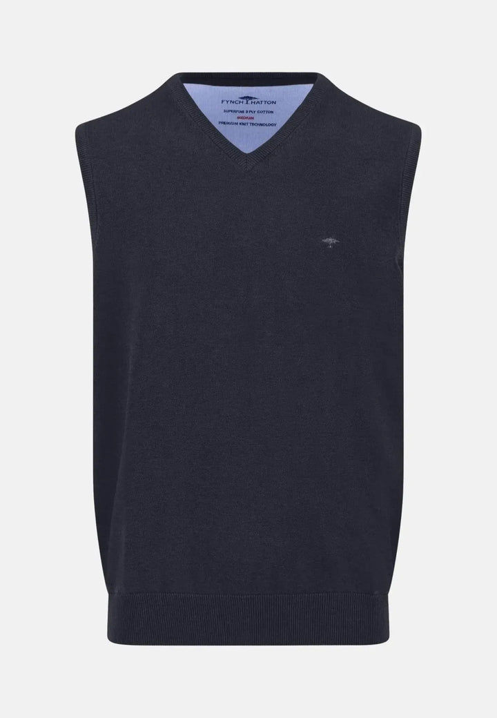 fynch-hatton-Superfine V-Neck Cotton Knit Vest Navy