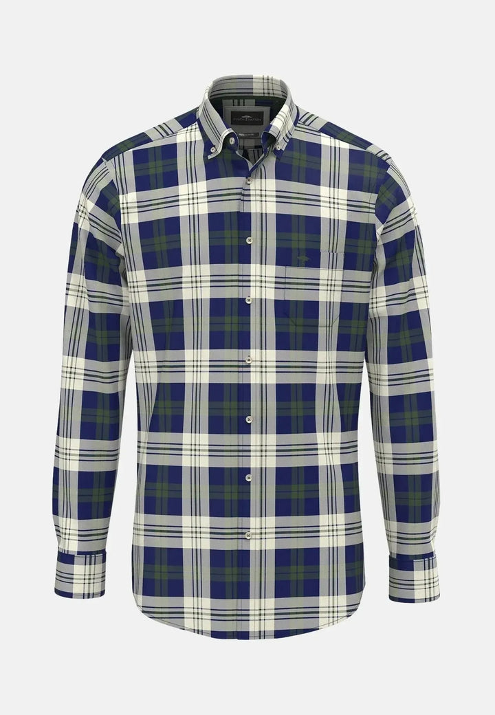 fynch-hatton-Washed Oxford Check Button Down Shirt Dark Leaf