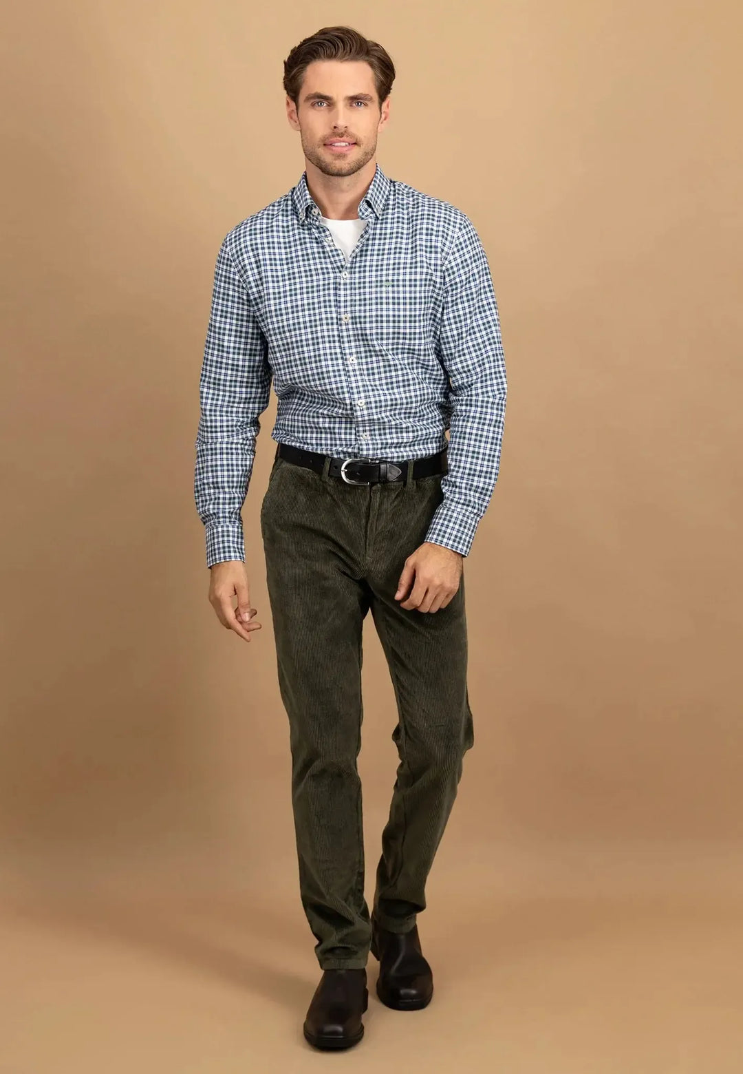 fynch-hatton-Washed Oxford Check Button Down Shirt Fern