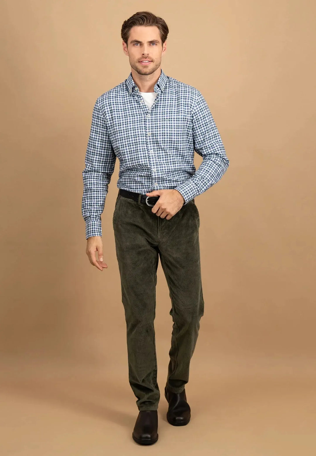 fynch-hatton-Washed Oxford Check Button Down Shirt Fern