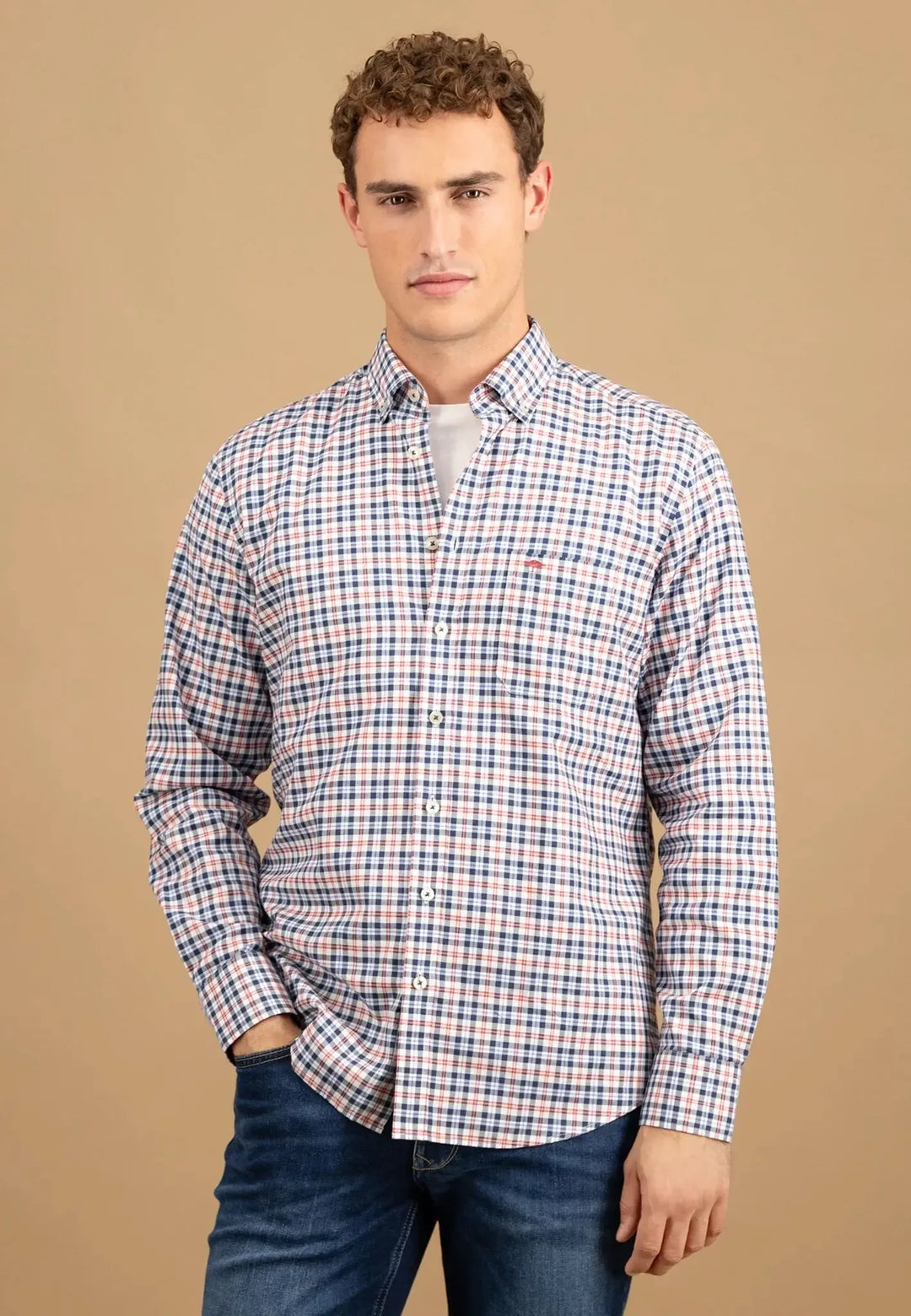 fynch-hatton-Washed Oxford Check Button Down Shirt Peach