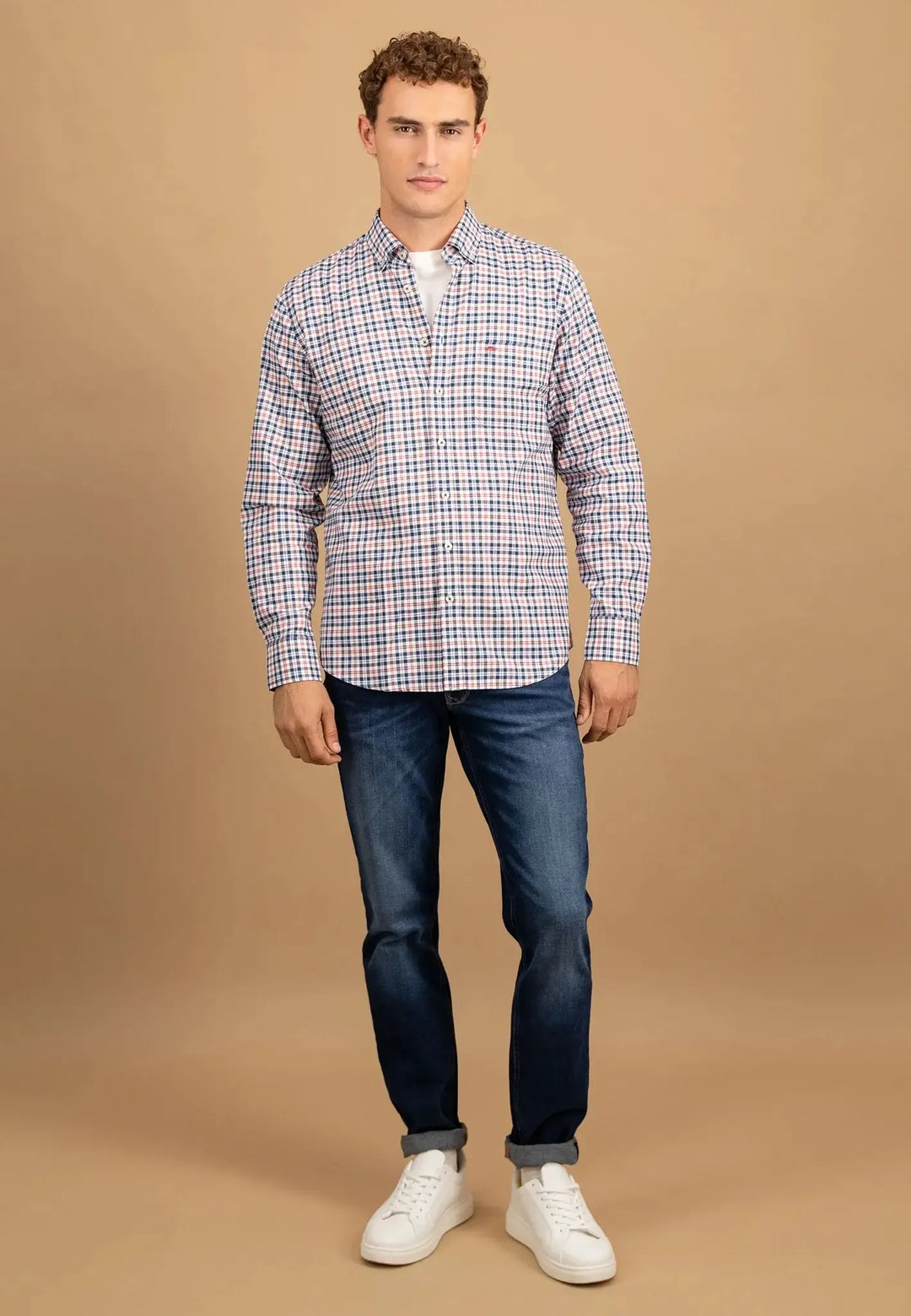 fynch-hatton-Washed Oxford Check Button Down Shirt Peach