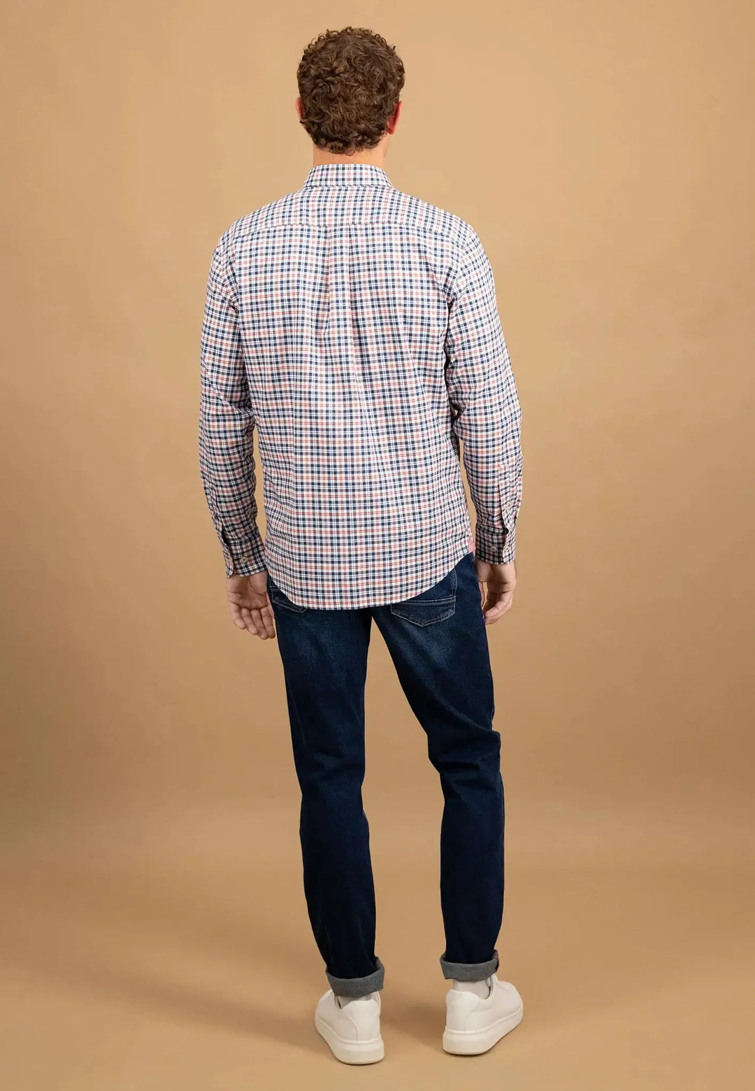 fynch-hatton-Washed Oxford Check Button Down Shirt Peach
