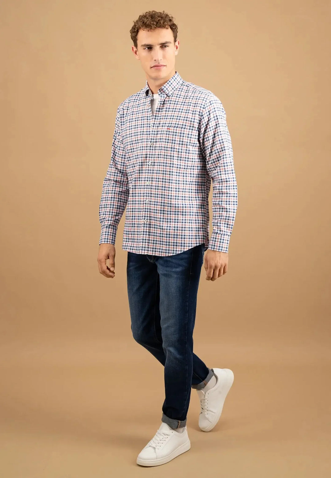 fynch-hatton-Washed Oxford Check Button Down Shirt Peach