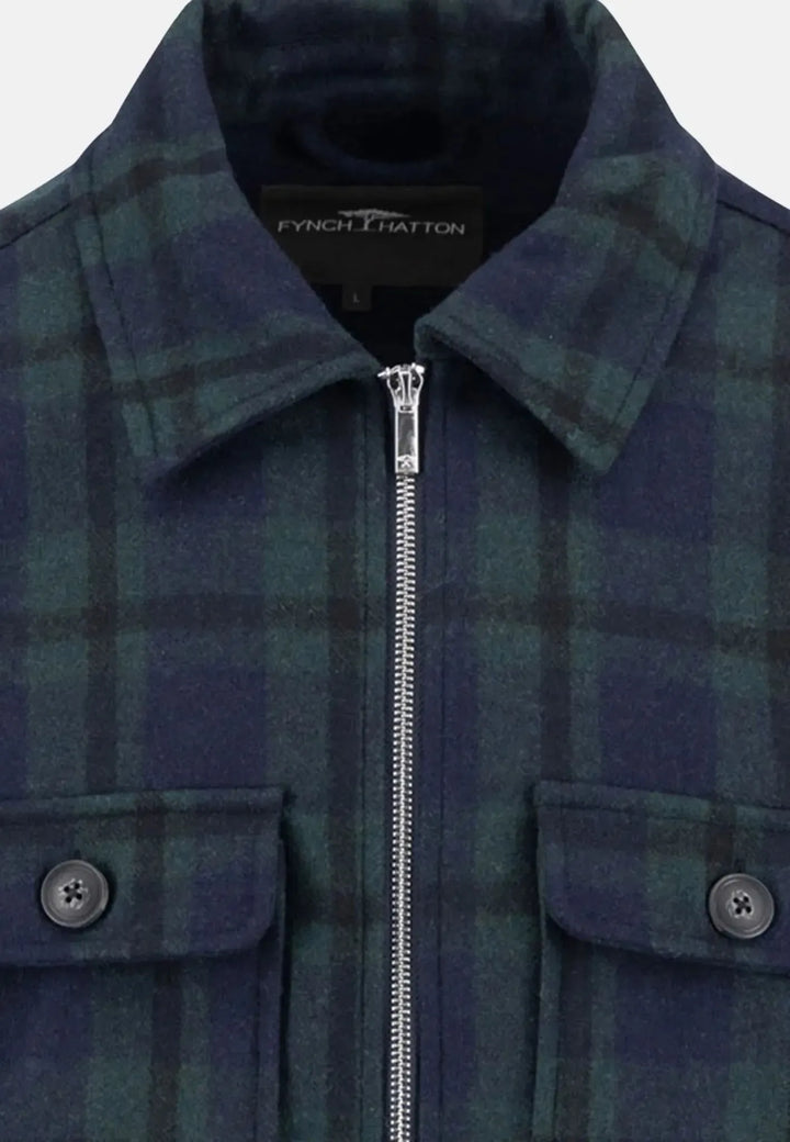 fynch-hatton-Wool Mix Checked Overshirt Dark Navy