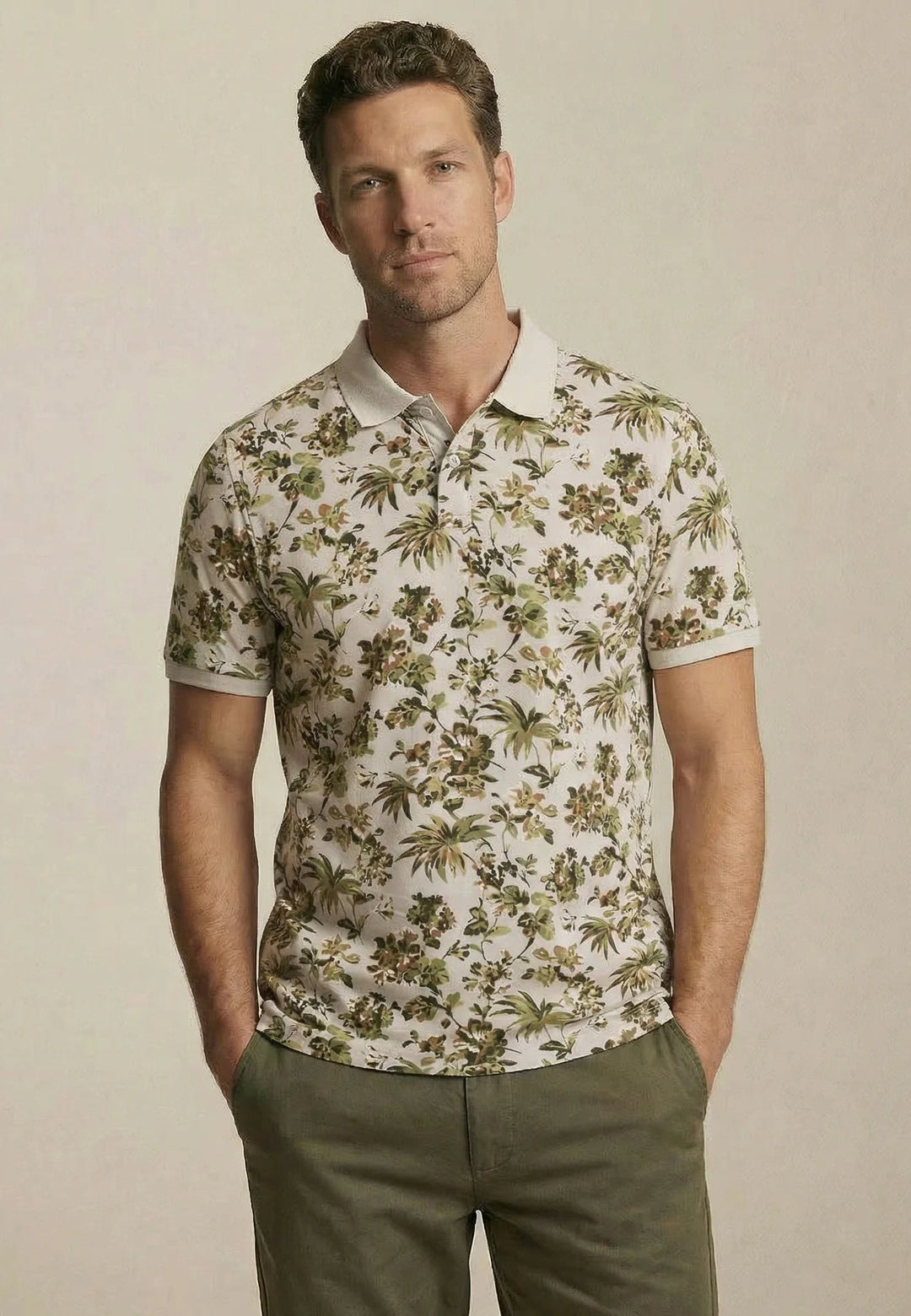 Fynch - Hatton All Over Print Floral Polo Shirt Cement - 16031308-828-M - fynch - hatton.co.uk
