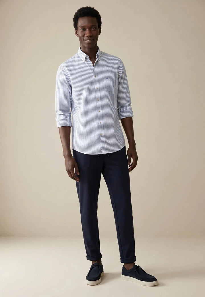 Fynch-Hatton All Season Poplin Stripe Button Down Shirt Light Blue 10005510-675-M