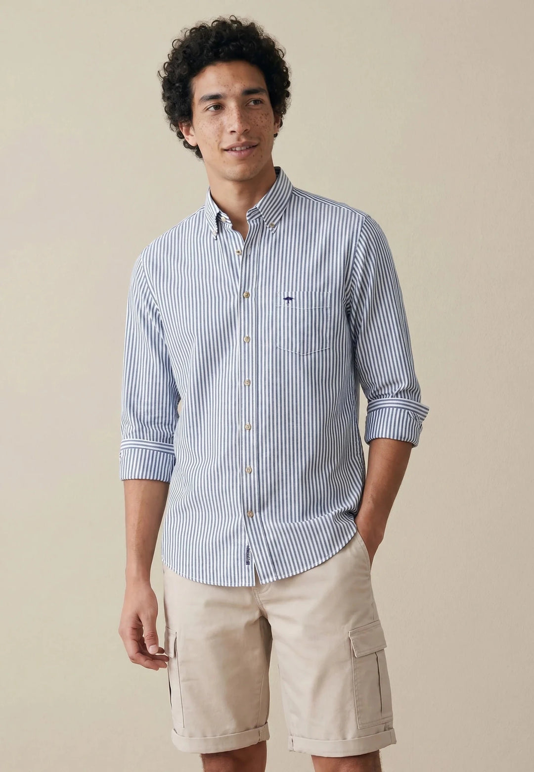 Fynch-Hatton All Season Poplin Stripe Button Down Shirt Navy 10005510-685-M