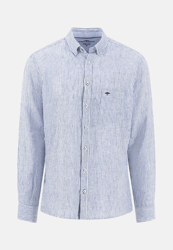 Fynch - Hatton Bengal Stripe Pure Linen Button Down Shirt Harbour Blue 16136020-654-M
