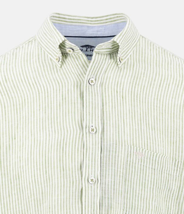 Fynch - Hatton Bengal Stripe Pure Linen Short Sleeved Shirt Avocado 16046021-740-M