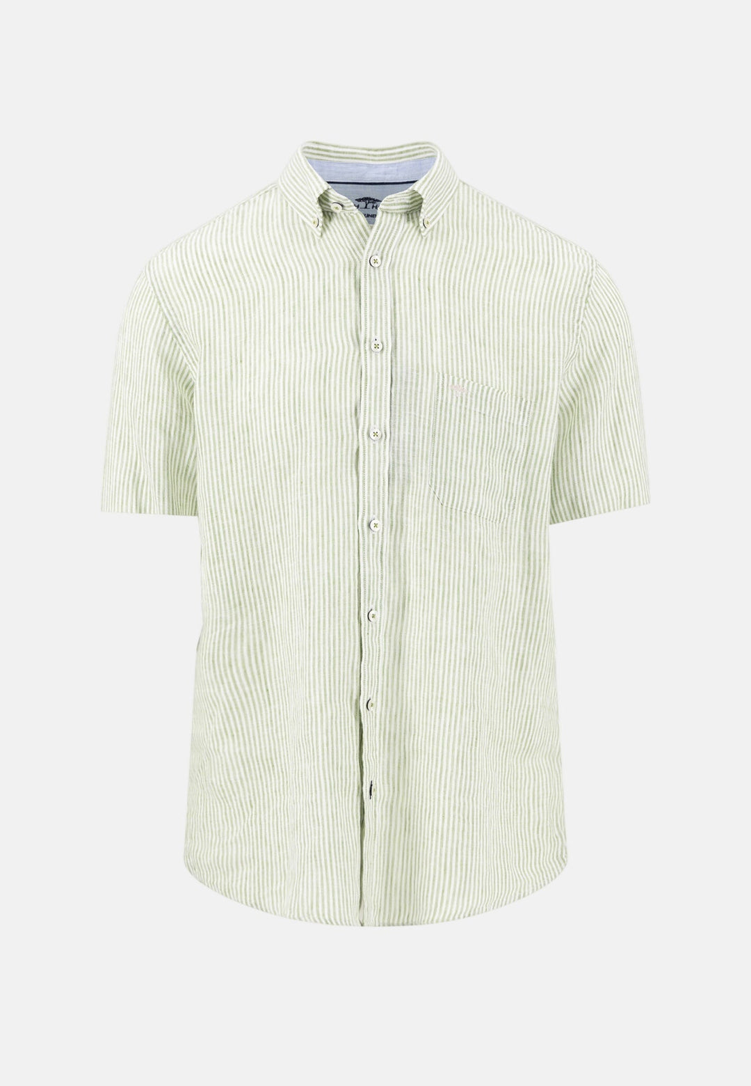 Fynch - Hatton Bengal Stripe Pure Linen Short Sleeved Shirt Avocado 16046021-740-M