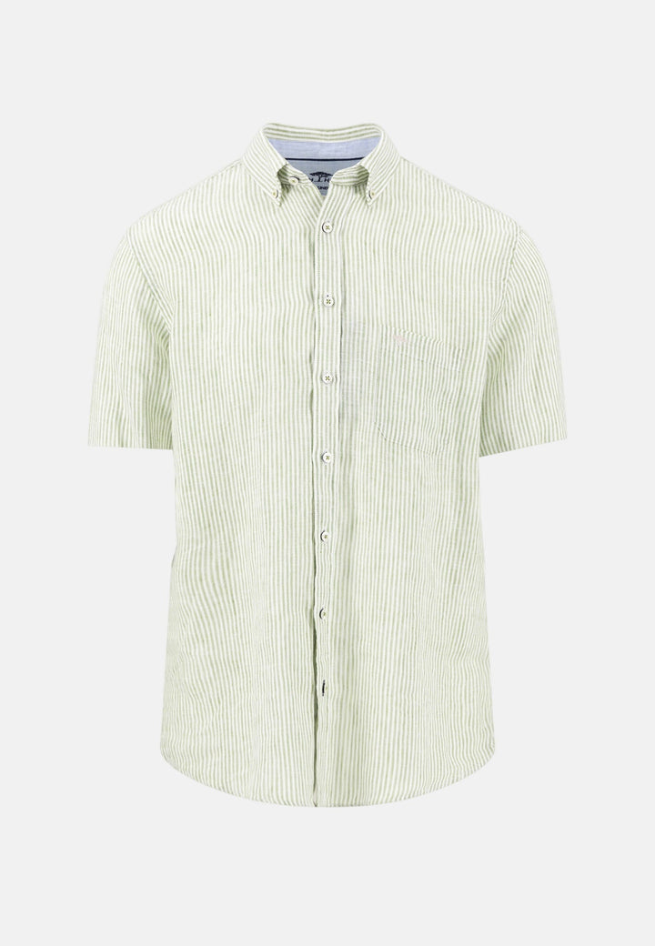 Fynch - Hatton Bengal Stripe Pure Linen Short Sleeved Shirt Avocado 16046021-740-M