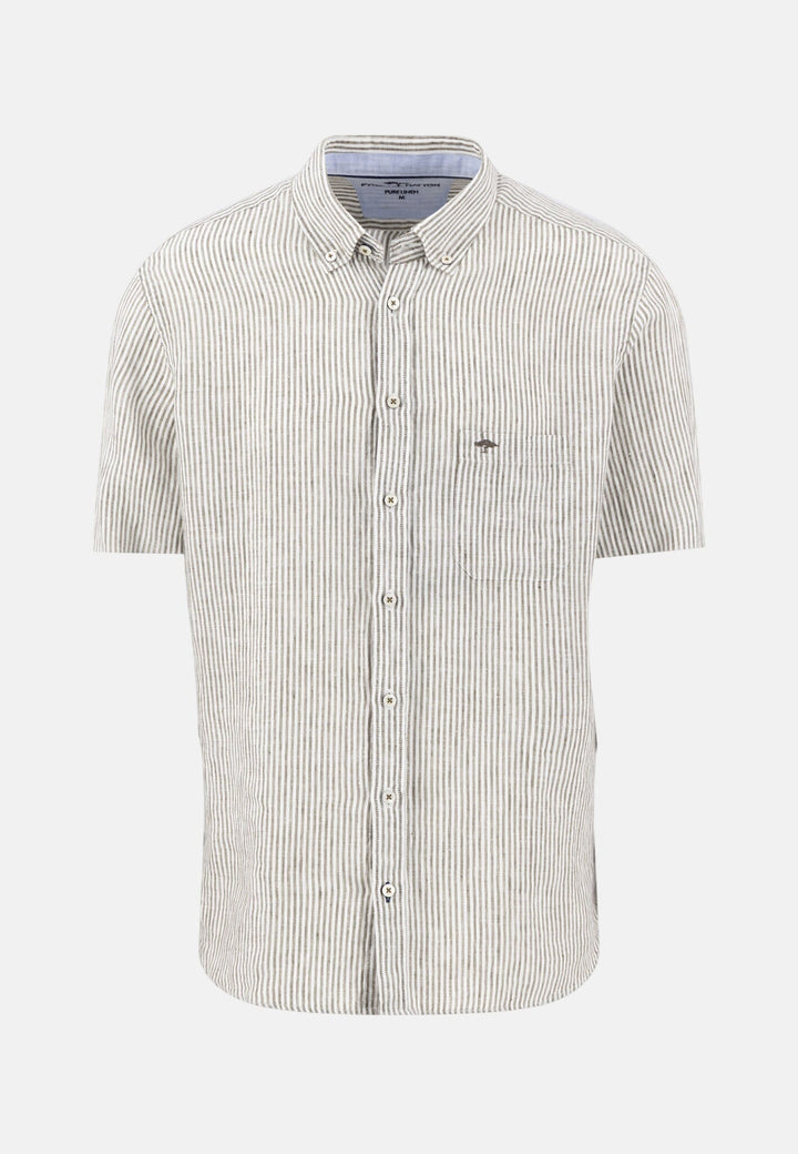 Fynch - Hatton Bengal Stripe Pure Linen Short Sleeved Shirt Dark Khaki 16046021-719-M