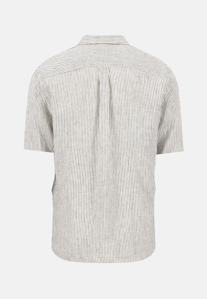 Fynch - Hatton Bengal Stripe Pure Linen Short Sleeved Shirt Dark Khaki 16046021-719-M