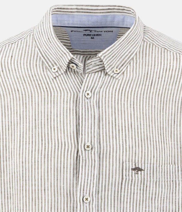 Fynch - Hatton Bengal Stripe Pure Linen Short Sleeved Shirt Dark Khaki 16046021-719-M