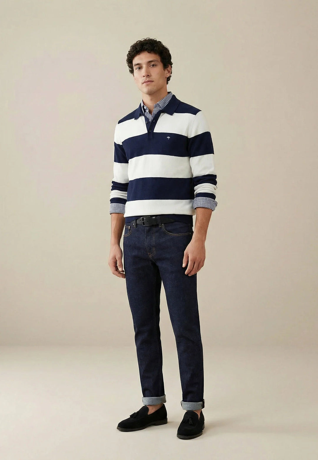 Fynch - Hatton Block Stripe Cotton Linen Polo Collar Knit Navy - 1603706-690-M - fynch - hatton.co.uk