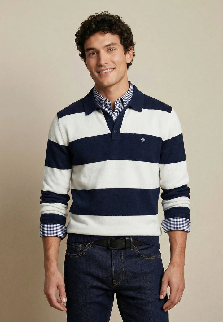 Fynch - Hatton Block Stripe Cotton Linen Polo Collar Knit Navy - 1603706-690-M - fynch - hatton.co.uk