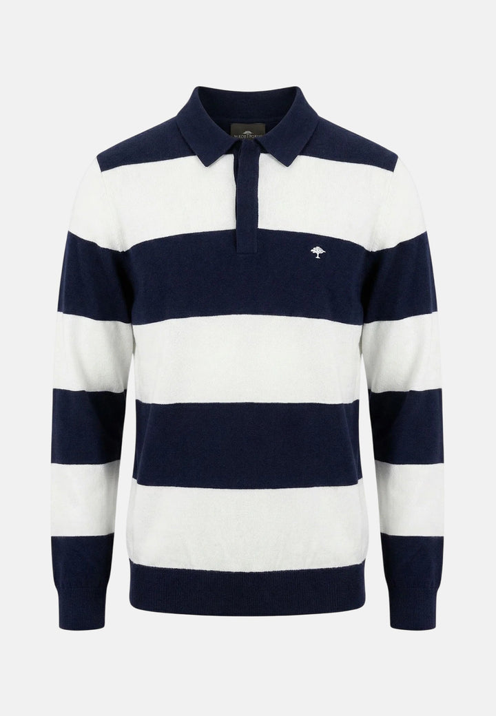 Fynch - Hatton Block Stripe Cotton Linen Polo Collar Knit Navy - 1603706-690-M - fynch - hatton.co.uk